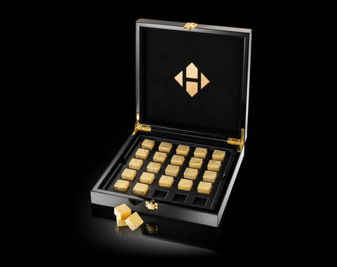 23K und 24K Gold Zuckerwürfel in edler Klavierlackbox